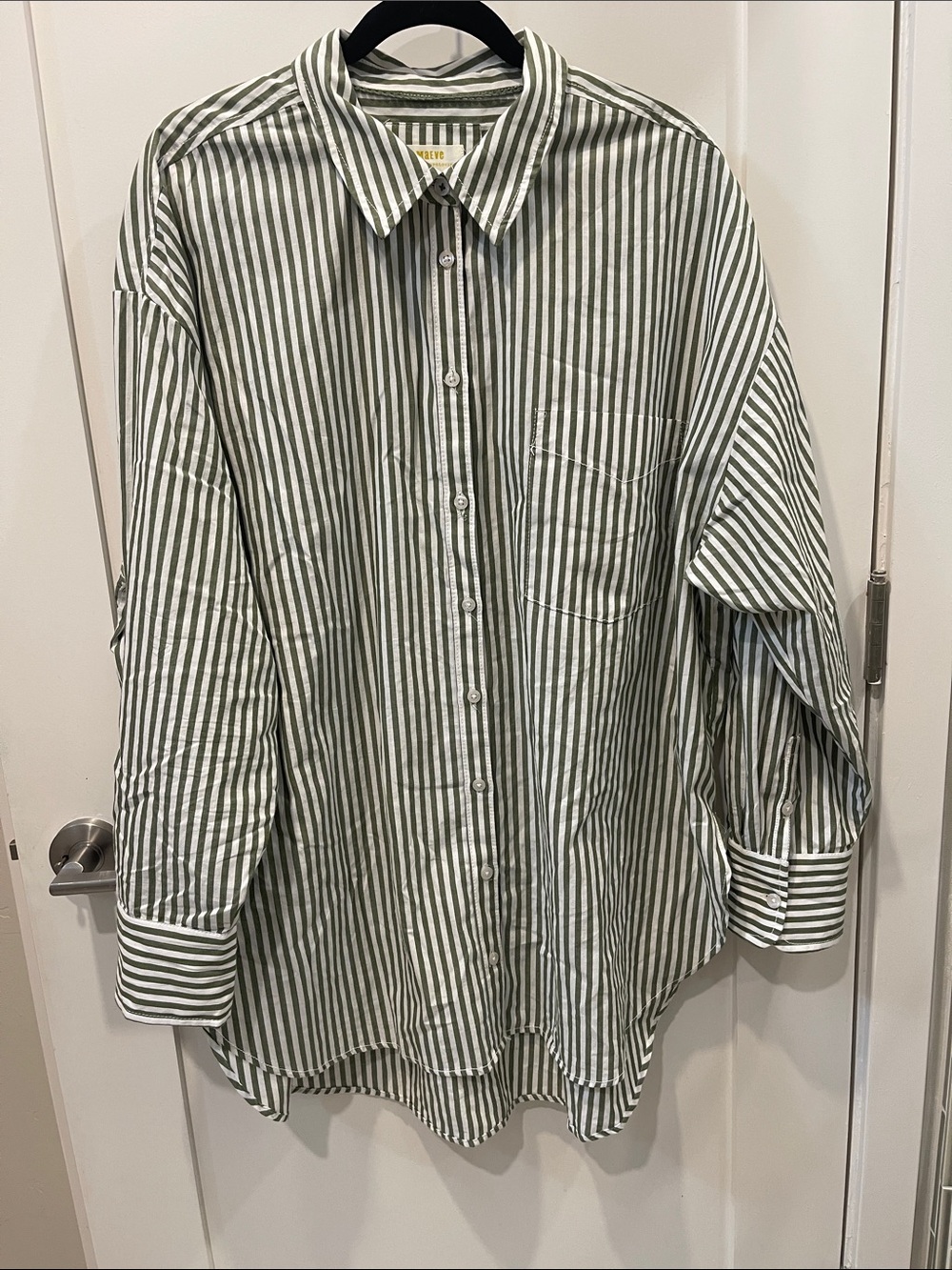Maeve Olive Green and White Vertical Stripe Button-Down Shirt